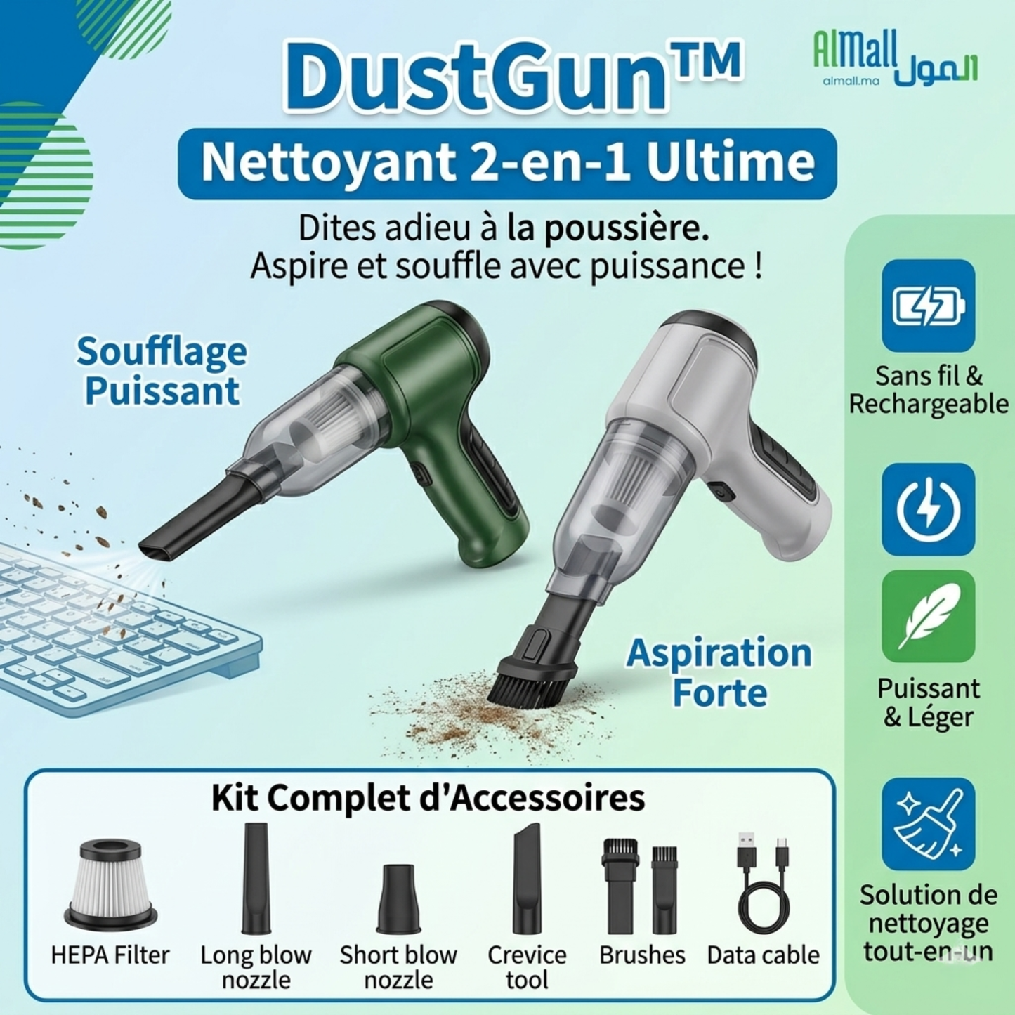 DustGun™ — Aspirez et Soufflez Partout Sans Fil